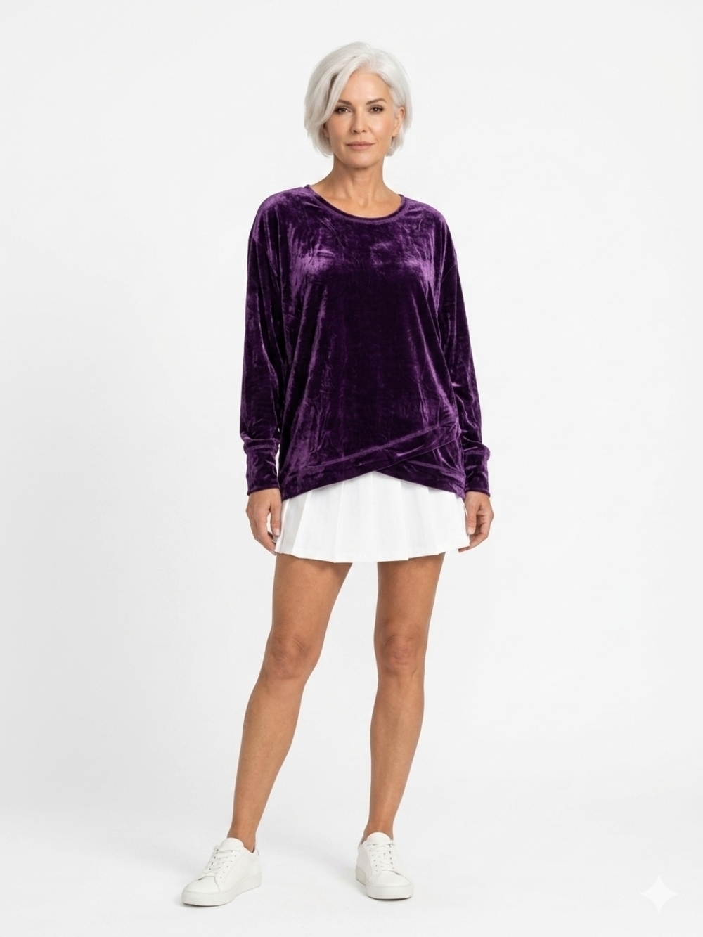 Velvet Long-Sleeve Tunic Top - Purple Up To Size 3XL